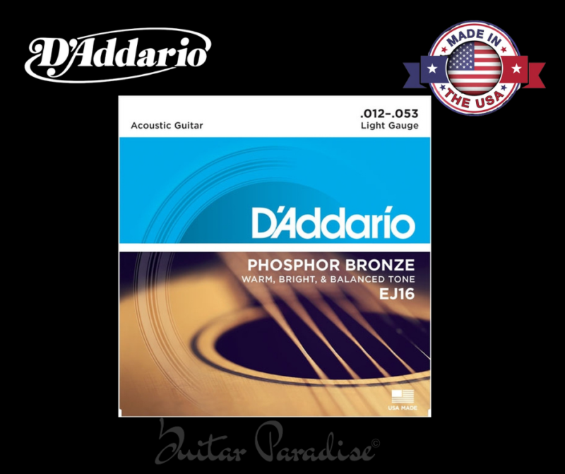 D'Addario EJ16 Phosphor Bronze Acoustic Guitar Strings, .012-.053 Light Gauge Well-Balanced Acoustic Tone