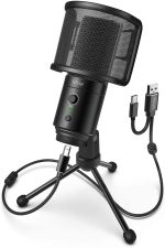 FIFINE K683A USB Desktop PC Microphone with Pop Filter for Computer and Laptop, Studio Condenser Mic with Gain Control Mute Button Headphone Jack for Gaming Streaming Recording YouTube, Extra USB-C Plug -K683A