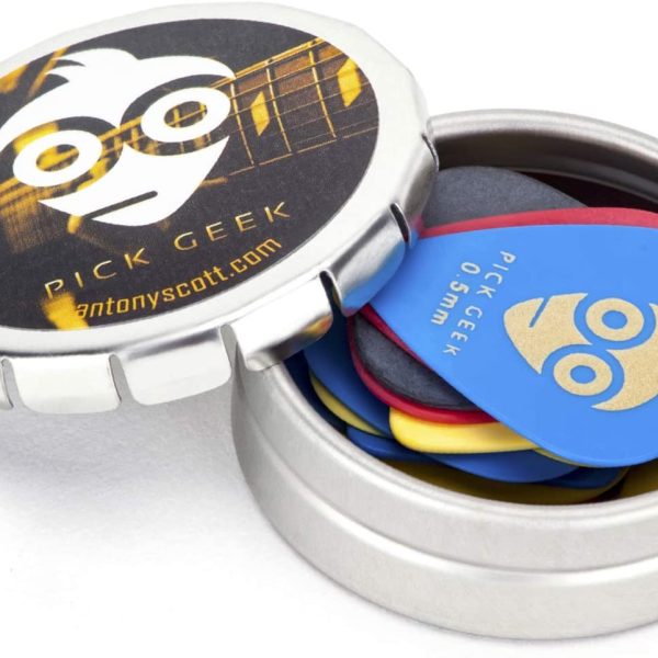Pick Geek Delrin Guitar Pick Set -16 Pcs Cool Custom Guitar Picks (Plectrums) for Your Electric, Acoustic, or Bass Guitar - Light, Medium, Heavy & X-Heavy - Presented in a Luxury Metal Pocket Box