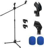 Moukey Microphone Mic Stand, Tripod Boom Microphone Stand with 2 Non-Slip Mic Clip Holders and 2 Foam Covers, Collapsible and Adjustable Mic Stand Suitable for Shure SM7B and SM58, Black, MMs-3 - Image 2