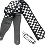Guitar Strap, Bass Guitar Strap, Electric and Acoustic Guitar Straps - Durable Nylon Checkered Guitar Shoulder Strap with Leather Ends (Black and White...