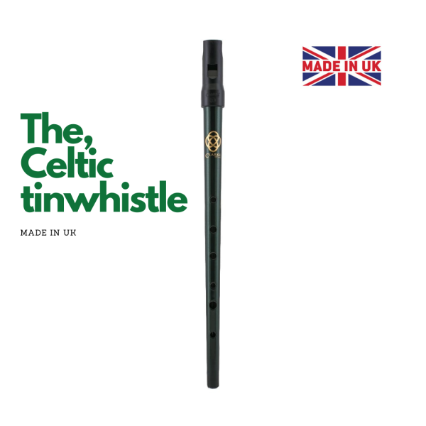 Clarke The Celtic Tinwhistle in pearlescent dark green with gold Celtic knot motif famous tin whistle