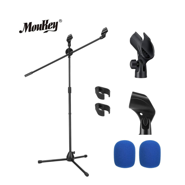 Moukey Microphone Mic Stand, Tripod Boom Microphone Stand with 2 Non-Slip Mic Clip Holders and 2 Foam Covers, Collapsible and Adjustable Mic Stand Suitable for Shure SM7B and SM58, Black, MMs-3