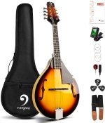 angoa A Style Mandolin Musical Instrument Sunburst, 8 String Acoustic Mandolin with Tuner, Strings, Bag, Picks