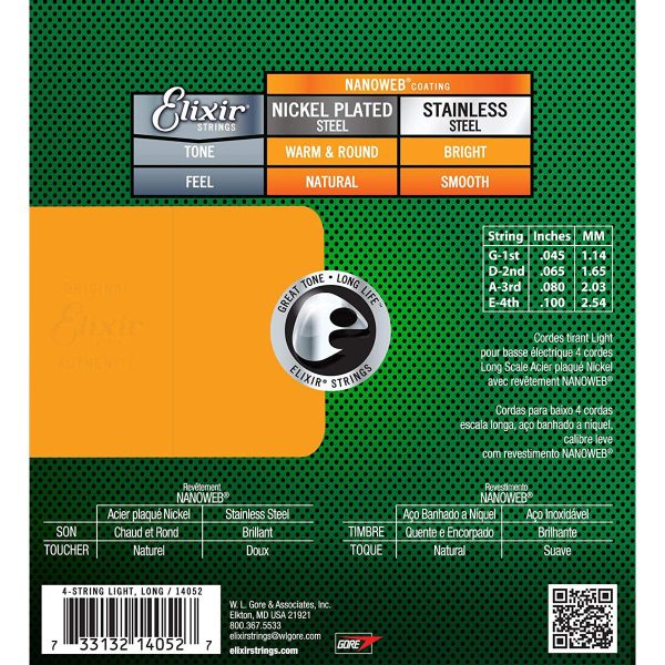 Elixir Strings Nickel Plated Steel 4-String Bass Strings w NANOWEB Coating, Long Scale, Light (.045-.100)