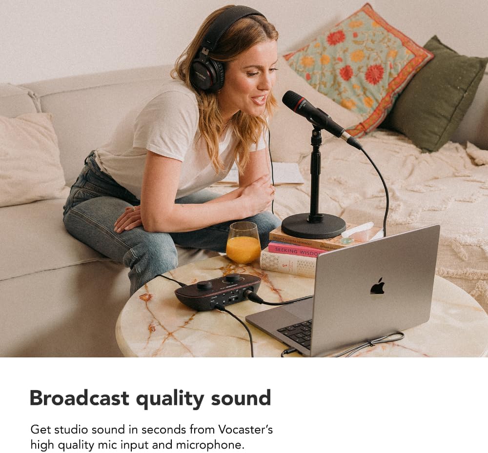 61SQmd+QIdL._AC_SL1000_ Focusrite Vocaster One Studio – Podcasting Interface for Solo Podcast Recording with Professional Quality Vocaster DM1 Dynamic Microphone & HP60v Headphones. 1 Mic Input & Headphone Output - Image 6