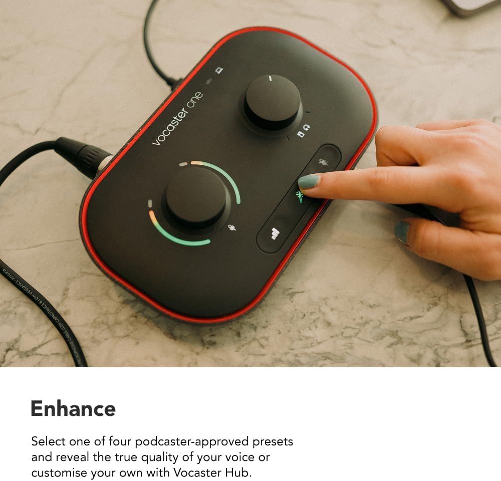 61UNfeqzZCL._AC_SL1000_ Focusrite Vocaster One Studio – Podcasting Interface for Solo Podcast Recording with Professional Quality Vocaster DM1 Dynamic Microphone & HP60v Headphones. 1 Mic Input & Headphone Output - Image 3