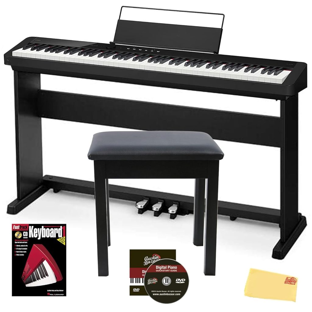 Casio CDP-S360 88-Key Compact Digital Piano - Black Bundle with CS-470P Stand, 3-Pedal System, Furniture Bench, Instructional Book, Online Lessons, Instructional DVD, and Austin Bazaar Polishing Cloth