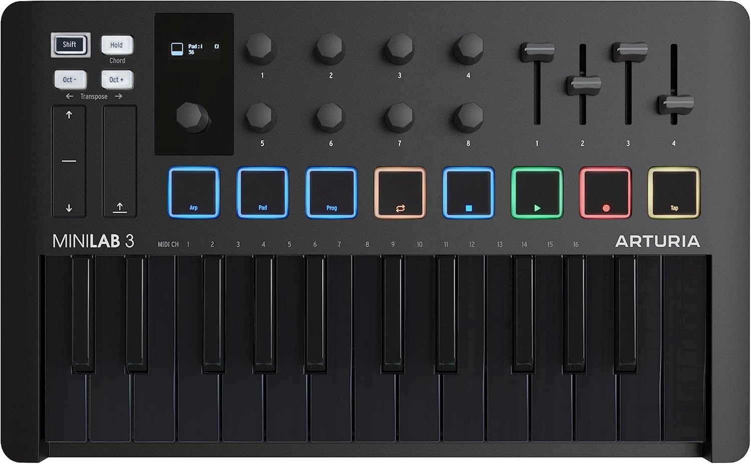 Arturia MiniLab 3, 25 Slim-Key USB-C Midi Controller with 5-Year Warranty, 8 Backlit LED Pads, 8 Knobs, 4 Faders, Midi Out, Built-in Arpeggiator, Chord mode and Software Bundle - Deep Black Arturia MiniLab 3, 25 Slim-Key USB-C Midi Controller with 5-Year Warranty, 8 Backlit LED Pads, 8 Knobs, 4 Faders, Midi Out, Built-in Arpeggiator, Chord mode and Software Bundle - Deep Black