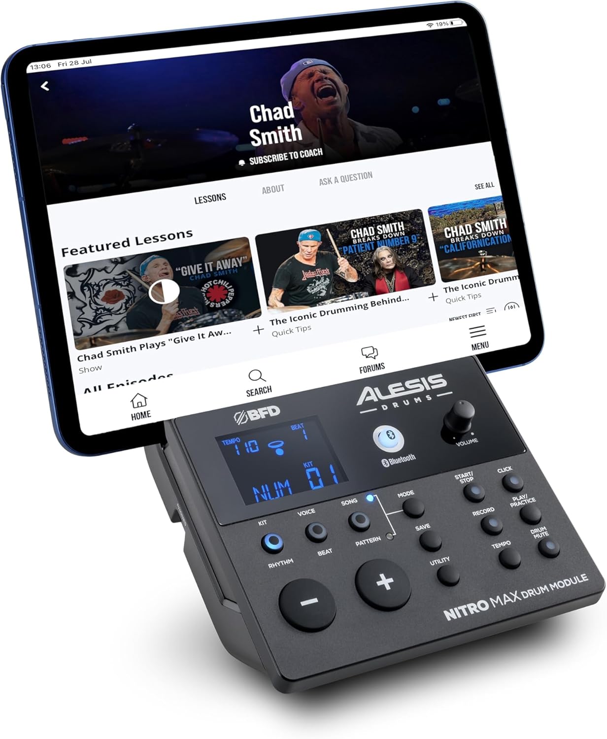 71nXQFe3BZL._AC_SL1500_ Alesis Nitro Max Kit Electric Drum Set with Quiet Mesh Pads, 10" Dual Zone Snare, Bluetooth, 440+ Authentic Sounds, Drumeo, USB MIDI, Kick Pedal - Image 5