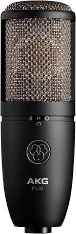 AKG Pro Audio P420 Multi-Pattern Condenser Microphone with Shock Mount and Case. Great for ensemble recording, grand piano, woodwind, brass instruments, drums and percussion. Black and Gold.