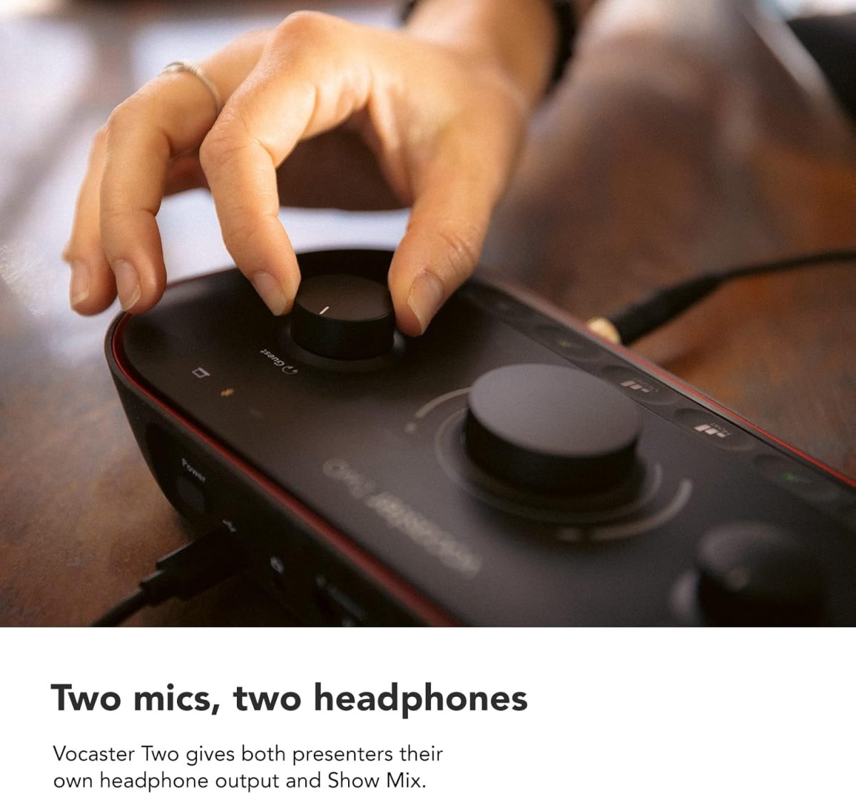 Focusrite Vocaster Two — Podcasting Interface for Recording Host and Guest. 2 Mic Inputs and Headphone Outputs, with Auto Gain, Enhance, and Mute. Small, Lightweight, and Powered by Computer - Image 2