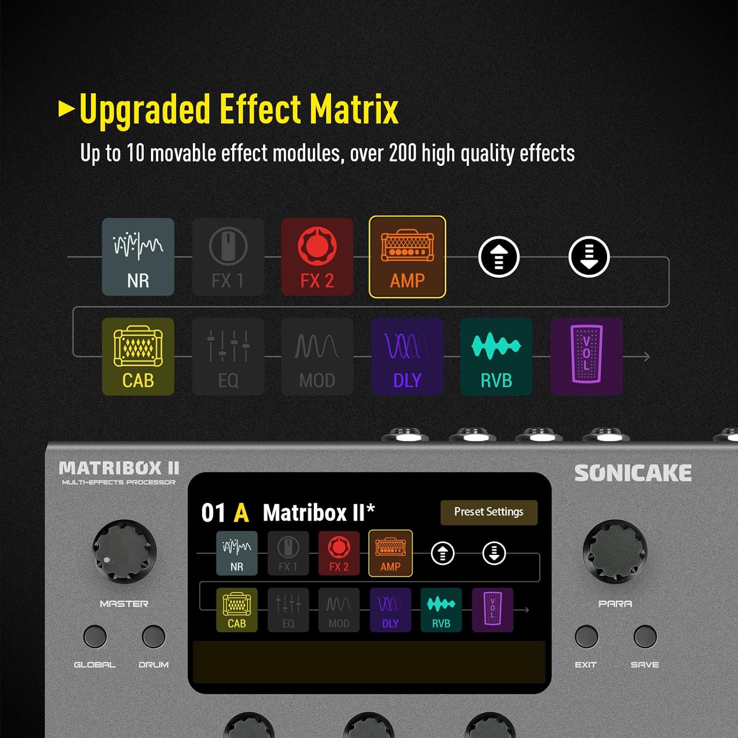 810aI8v638L._AC_SL1500_ SONICAKE Matribox II - Multi Effects Processor with Expression Pedal, 200+ Built-in Guitar/Bass/Acoustic Effects, Amp Modeling, IR Cabinets Simulation, FX Loop, MIDI Stereo OTG USB Audio Interface - Image 6