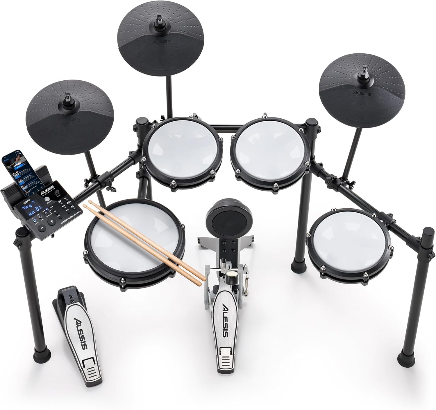 8124cw60V4L._AC_SL1500_ Alesis Nitro Max Kit Electric Drum Set with Quiet Mesh Pads, 10" Dual Zone Snare, Bluetooth, 440+ Authentic Sounds, Drumeo, USB MIDI, Kick Pedal