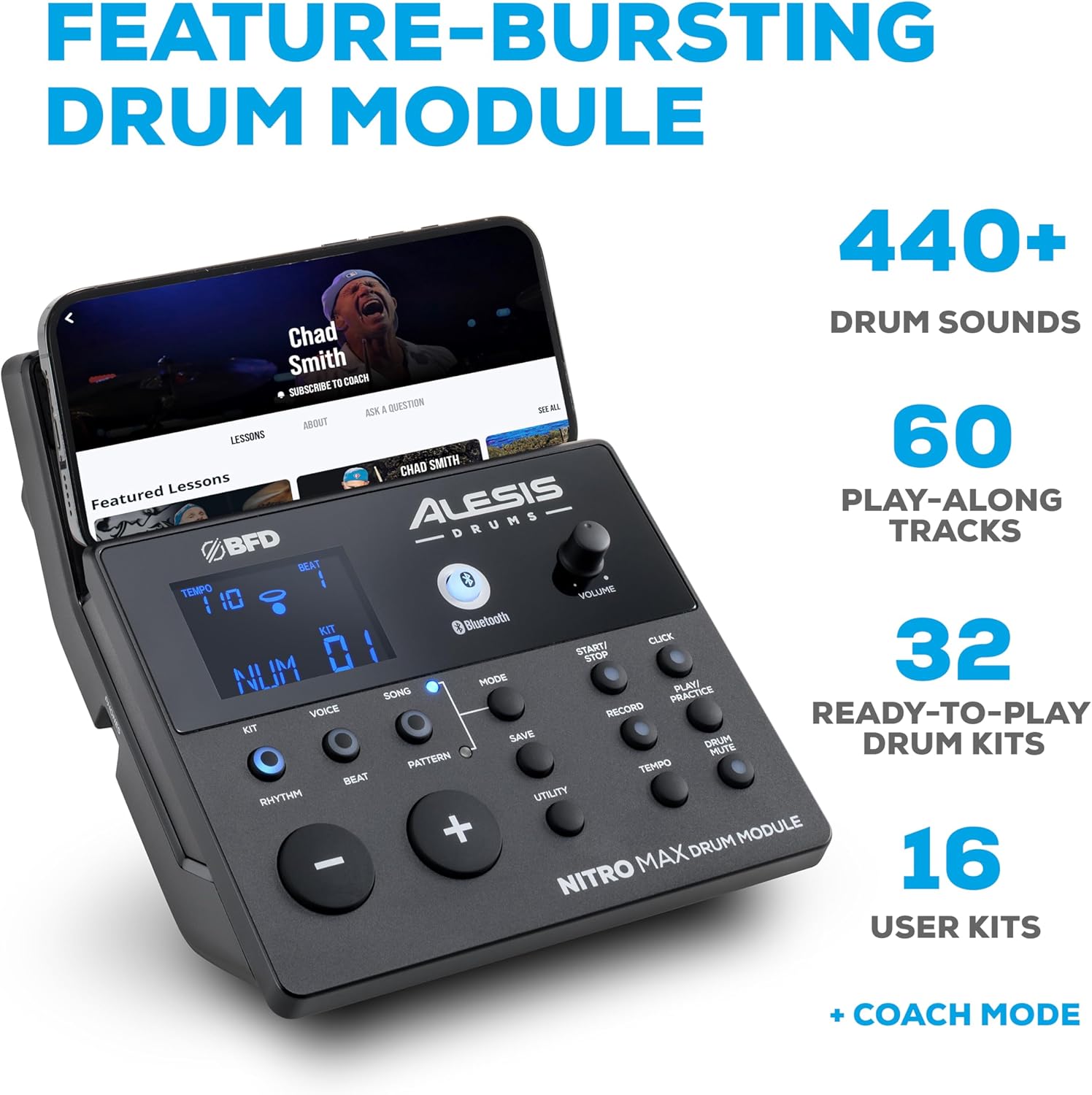 8165gquB1cL._AC_SL1500_ Alesis Nitro Max Kit Electric Drum Set with Quiet Mesh Pads, 10" Dual Zone Snare, Bluetooth, 440+ Authentic Sounds, Drumeo, USB MIDI, Kick Pedal - Image 16