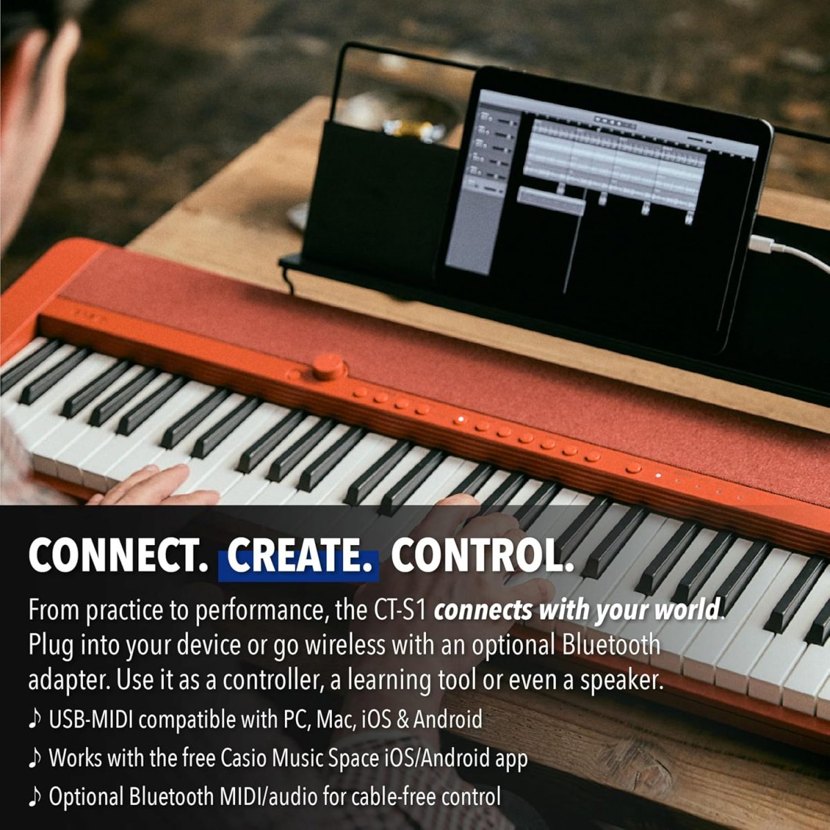 Casio Casiotone CT-S1 – 61-Key Touch-Sensitive Retro Keyboard | Sleek, Portable Design for Beginners to Pros | Stereo Grand Piano + 60 AiX Tones | USB-MIDI Connectivity | Black - Image 4