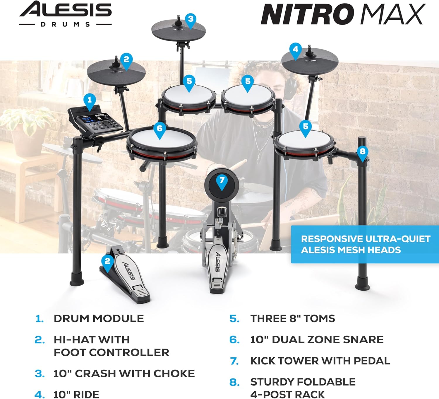 819j9xu7EtL._AC_SL1500_ Alesis Nitro Max Kit Electric Drum Set with Quiet Mesh Pads, 10" Dual Zone Snare, Bluetooth, 440+ Authentic Sounds, Drumeo, USB MIDI, Kick Pedal - Image 15