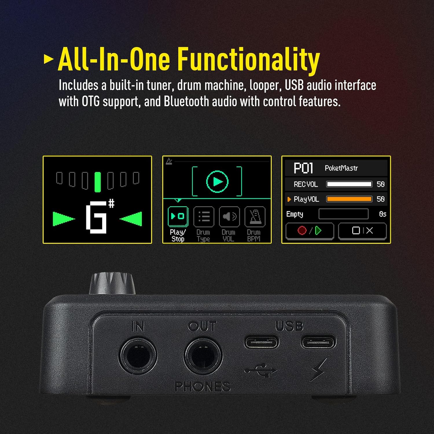 81E178gjLhL._AC_SL1500_ SONICAKE Pocket Master-Multi Effects Guitar Pedal with 9 Effects Modules 100 Drum Rhythms and Looper 100 Presets 20 Amp/Cab Electric Guitar Effects Processor OTG USB Audio Interface BT (Grey) - Image 5