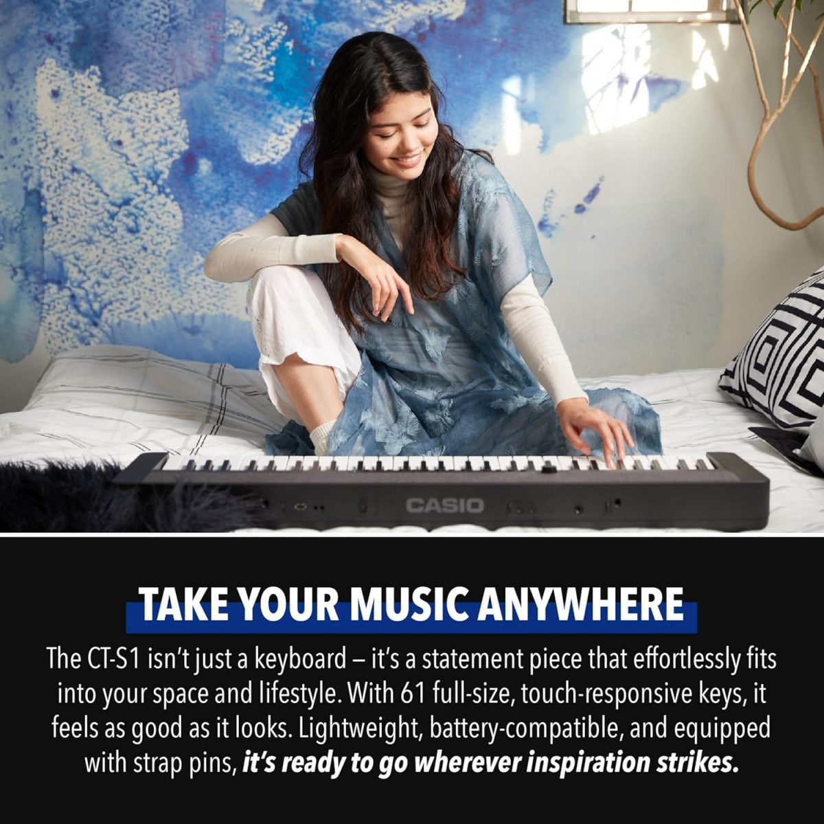 Casio Casiotone CT-S1 – 61-Key Touch-Sensitive Retro Keyboard | Sleek, Portable Design for Beginners to Pros | Stereo Grand Piano + 60 AiX Tones | USB-MIDI Connectivity | Black - Image 7
