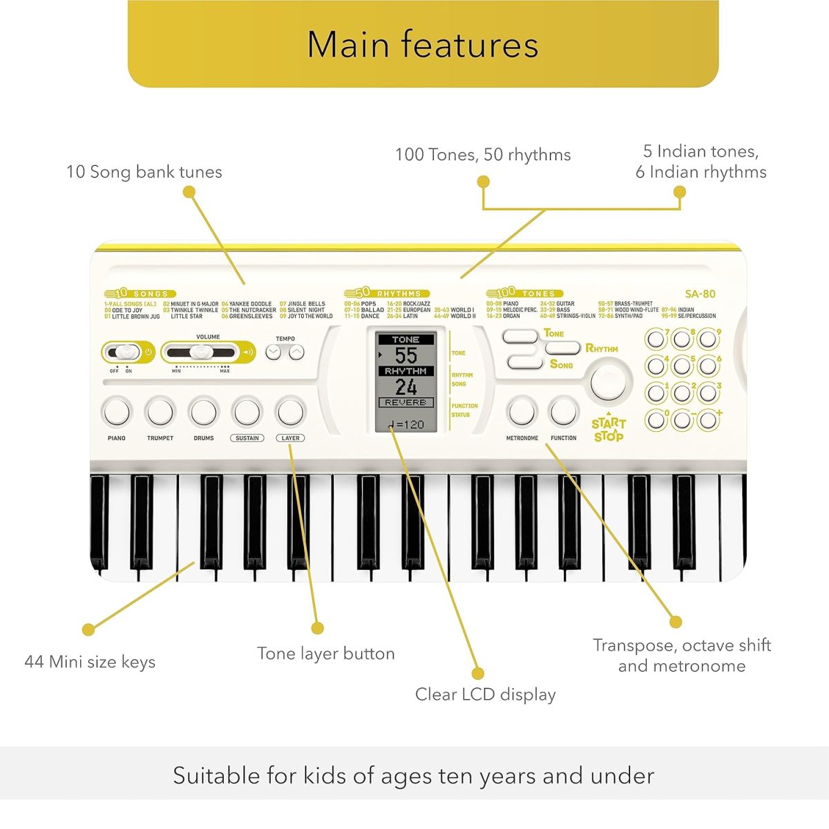Casiotone Mini Keyboard SA-80 with Piano tones, White (44 Keys) - Image 7