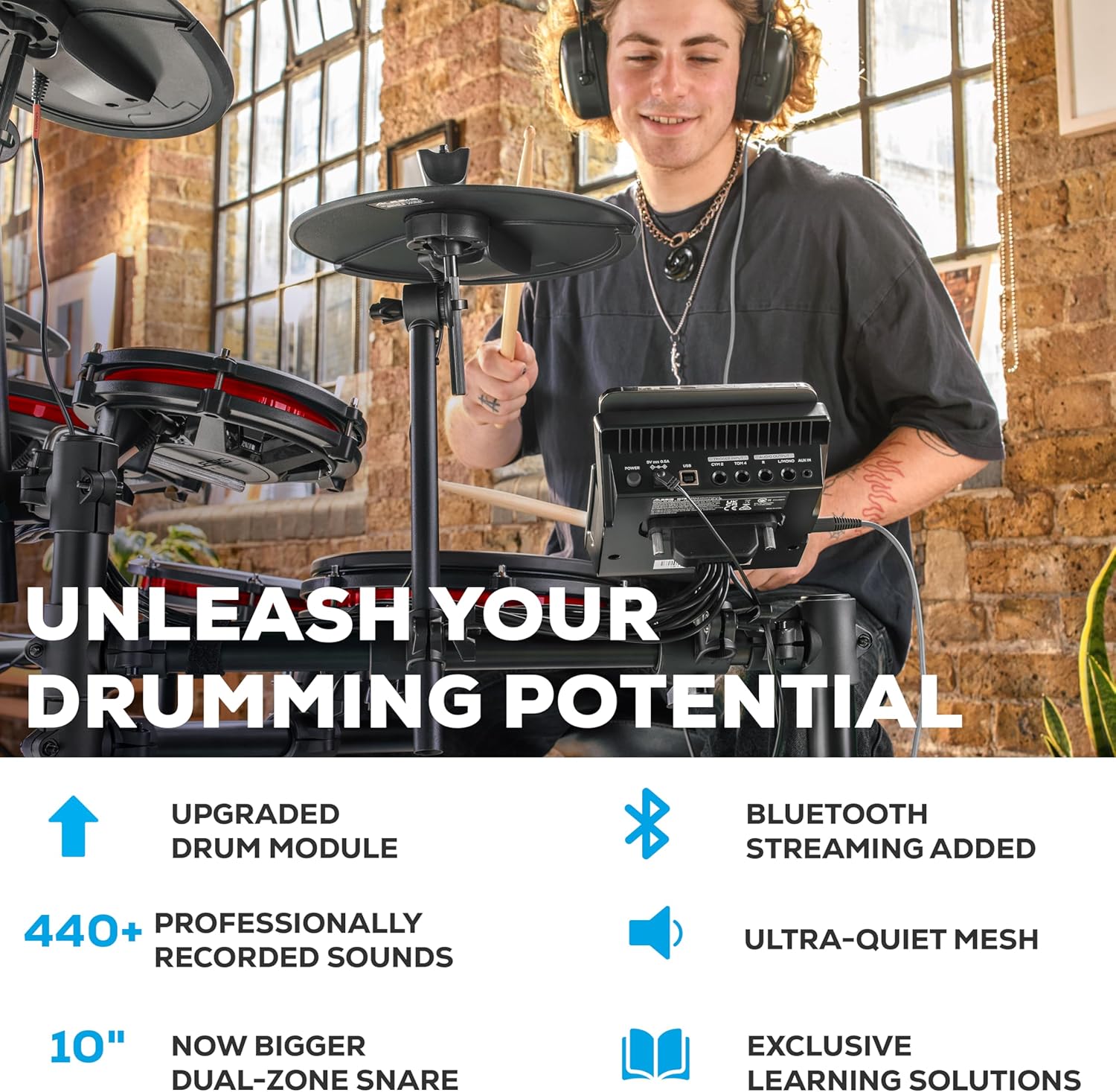 81Lop+H9fyL._AC_SL1500_ Alesis Nitro Max Kit Electric Drum Set with Quiet Mesh Pads, 10" Dual Zone Snare, Bluetooth, 440+ Authentic Sounds, Drumeo, USB MIDI, Kick Pedal - Image 17