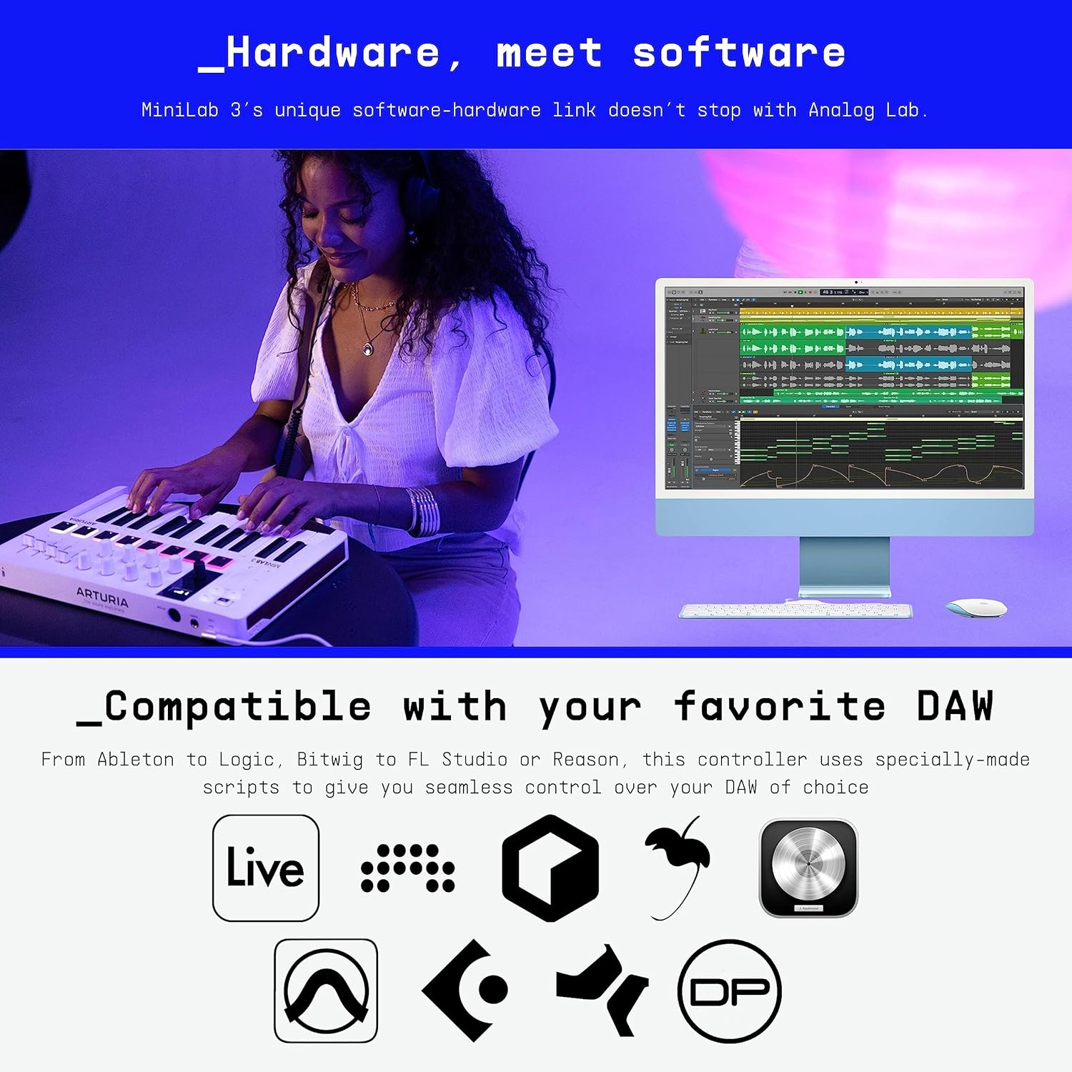 81nkbXGEhlL._AC_SL1500_ Arturia MiniLab 3, 25 Slim-Key USB-C Midi Controller with 5-Year Warranty, 8 Backlit LED Pads, 8 Knobs, 4 Faders, Midi Out, Built-in Arpeggiator, Chord mode and Software Bundle - Deep Black - Image 4