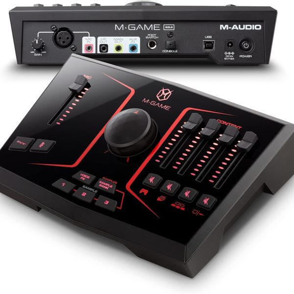 M-Game Solo USB Audio Interface Mixer for Streaming and Gaming with XLR Microphone in, Optical in, Voice FX, Sampler, Lights and Software
