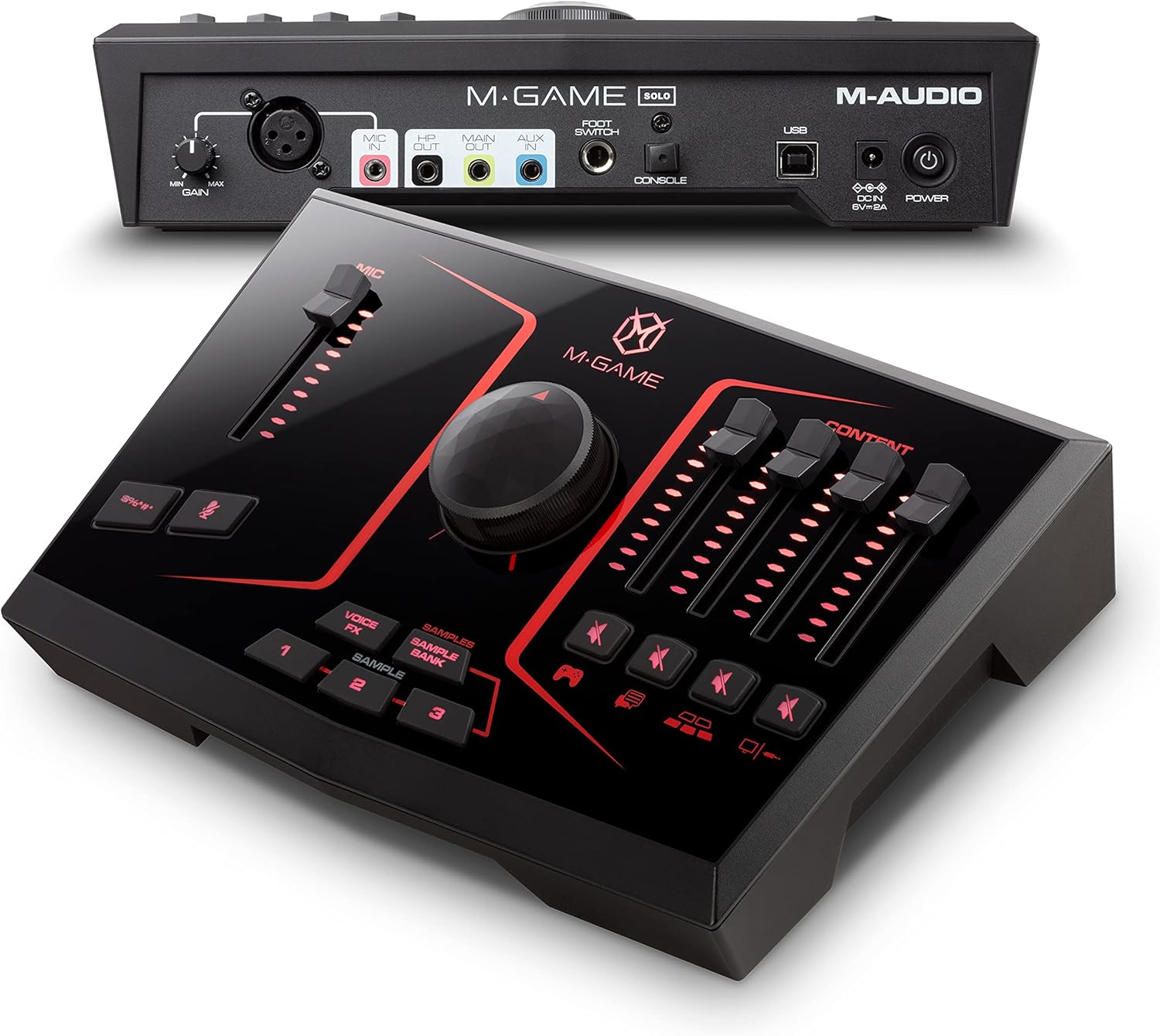 M-Game Solo USB Audio Interface Mixer for Streaming and Gaming with XLR Microphone in, Optical in, Voice FX, Sampler, Lights and Software M-Game Solo USB Audio Interface Mixer for Streaming and Gaming with XLR Microphone in, Optical in, Voice FX, Sampler, Lights and Software