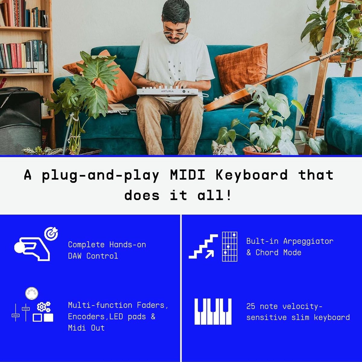 Arturia MiniLab 3, 25 Slim-Key USB-C Midi Controller with 5-Year Warranty, 8 Backlit LED Pads, 8 Knobs, 4 Faders, Midi Out, Built-in Arpeggiator, Chord mode and Software Bundle - Deep Black - Image 7