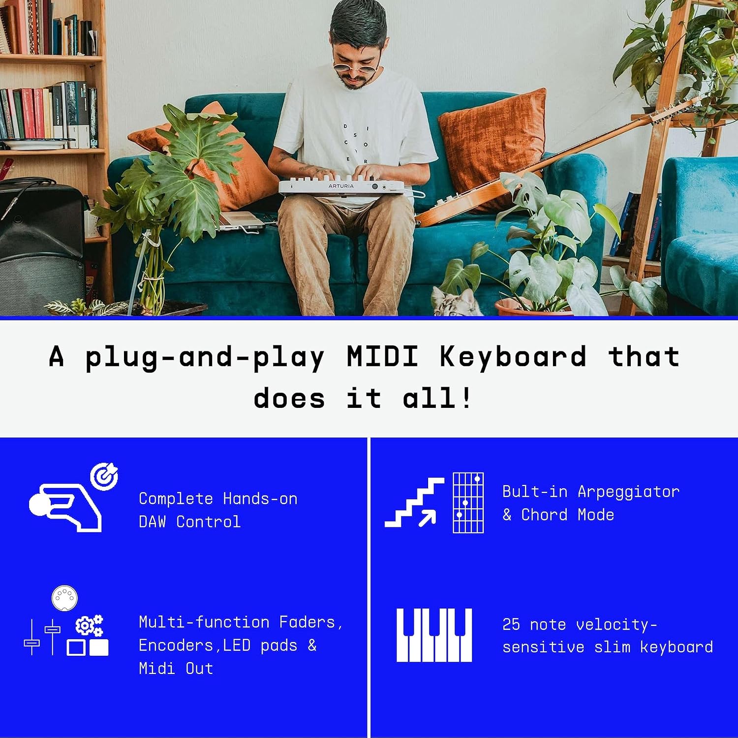 91FWzE906pL._AC_SL1500_ Arturia MiniLab 3, 25 Slim-Key USB-C Midi Controller with 5-Year Warranty, 8 Backlit LED Pads, 8 Knobs, 4 Faders, Midi Out, Built-in Arpeggiator, Chord mode and Software Bundle - Deep Black - Image 7