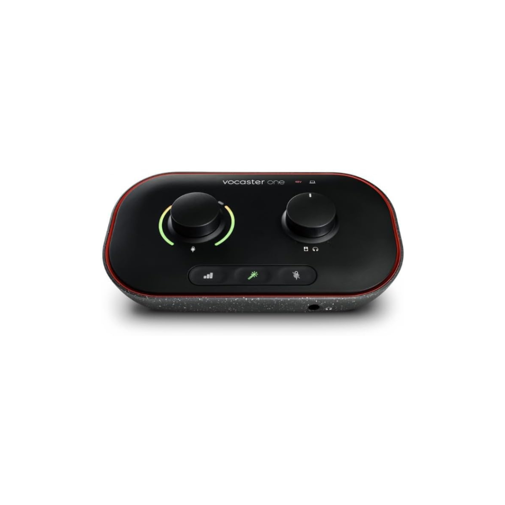 Focusrite Vocaster One — Podcasting Interface for Recording as a Solo Creator. Use Auto Gain, Enhance, and Mute for Easy Podcasting. Small, Lightweight, and Powered by Computer
