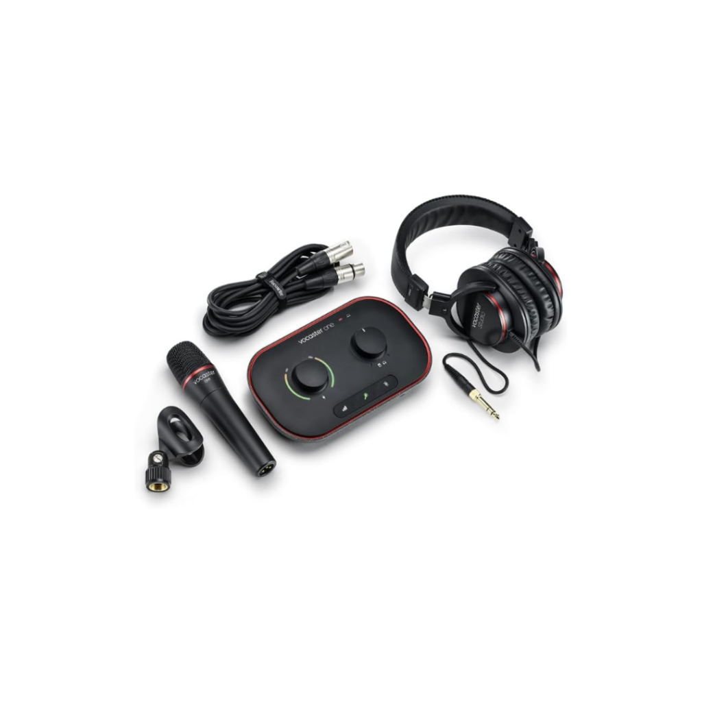 Focusrite Vocaster One Studio – Podcasting Interface for Solo Podcast Recording with Professional Quality Vocaster DM1 Dynamic Microphone & HP60v Headphones. 1 Mic Input & Headphone Output