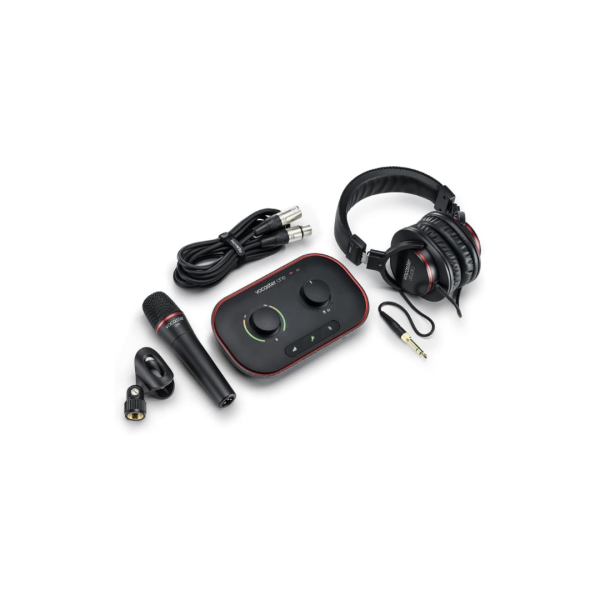 Focusrite Vocaster One Studio – Podcasting Interface for Solo Podcast Recording with Professional Quality Vocaster DM1 Dynamic Microphone & HP60v Headphones. 1 Mic Input & Headphone Output