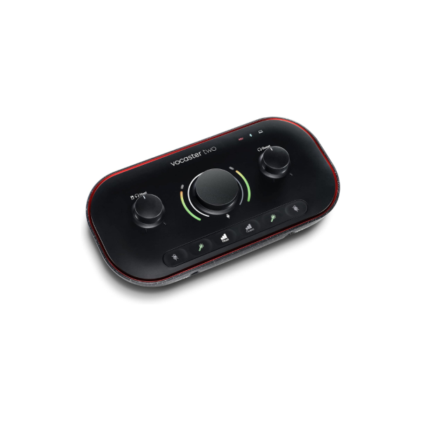 Focusrite Vocaster Two — Podcasting Interface for Recording Host and Guest. 2 Mic Inputs and Headphone Outputs, with Auto Gain, Enhance, and Mute. Small, Lightweight, and Powered by Computer