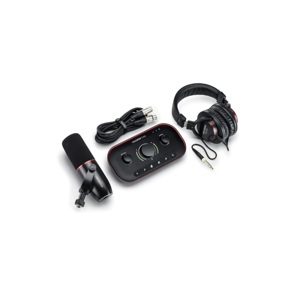 Focusrite Vocaster Two Studio — Podcasting Interface for Recording Host & Guest, with Professional Quality Vocaster DM14v Dynamic Microphone & HP60v Headphones. 2 Mic Inputs & Headphone Outputs