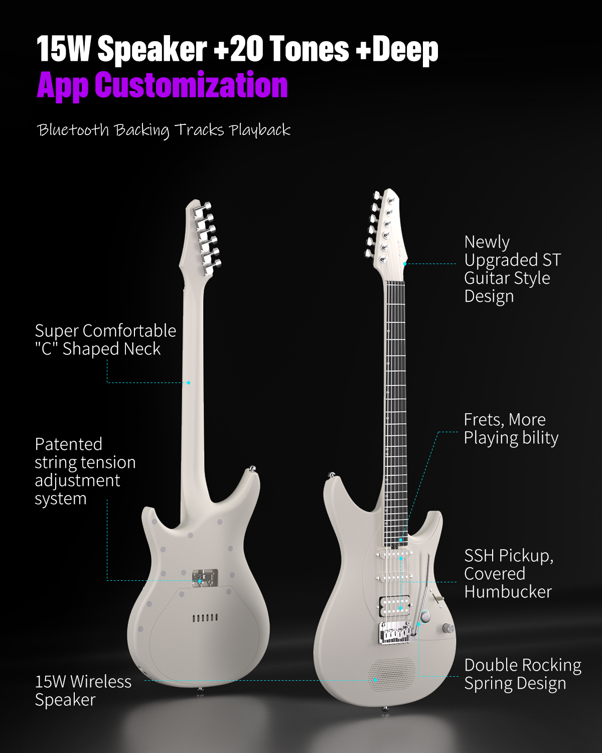 Ivory-2 Enya Nova Inspire series black smart electric guitar + exclusive thickened bag + Type-C charging cable - Image 2