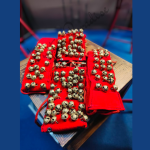 Brass 4 Line Ankle Bells Velvet Pad for Classical Bharatanatyam Kathak Dance with Adjustable Strap - (Red Velvet 2 CM)