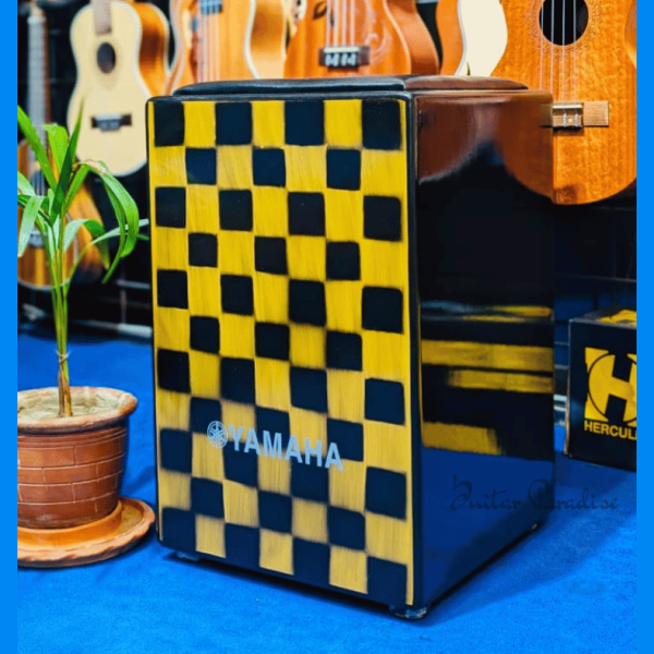 Custom-Made OEM Yamaha Wooden Acoustic Cajon with Padded Seat Cushion – Yellow & Black Checkerboard Frontplate & Gloss Black Body