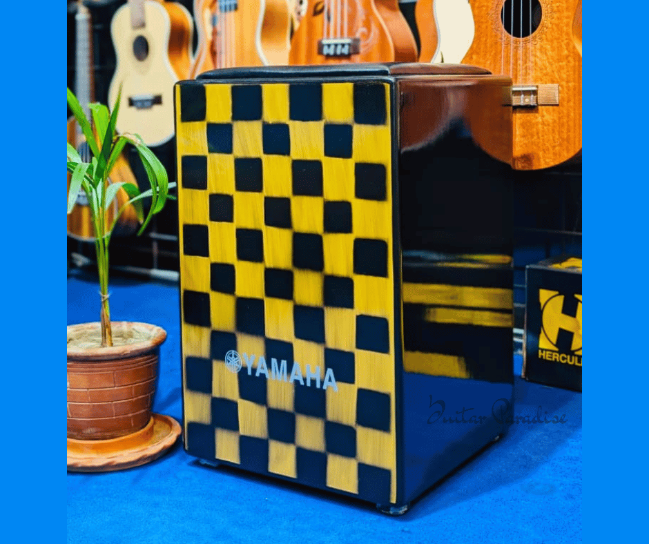 Custom-Made OEM Yamaha Wooden Acoustic Cajon with Padded Seat Cushion – Yellow & Black Checkerboard Frontplate & Gloss Black Body Custom-Made OEM Yamaha Wooden Acoustic Cajon with Padded Seat Cushion – Yellow & Black Checkerboard Frontplate & Gloss Black Body